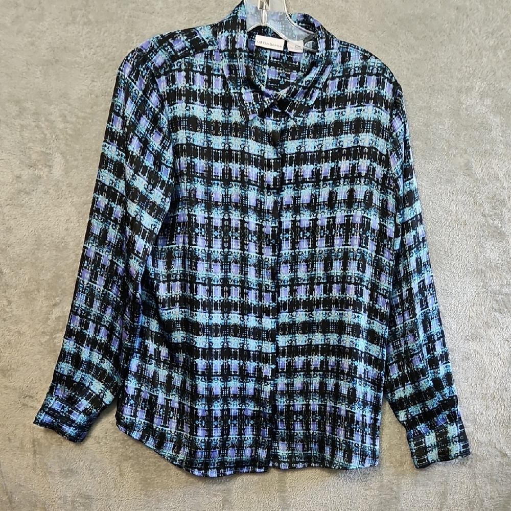 Liz Claiborne Purple Black Patterned Shirt Sz LG Blouse Tunic